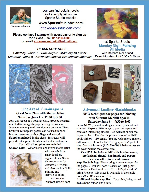 NEW June classes at Sparks Art Studio: Suminagashi + Advanced Leather Sketchbooks