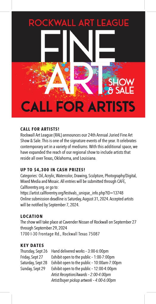 2024 Rockwall Art League Fine Art Show and Sale – Call to Artists